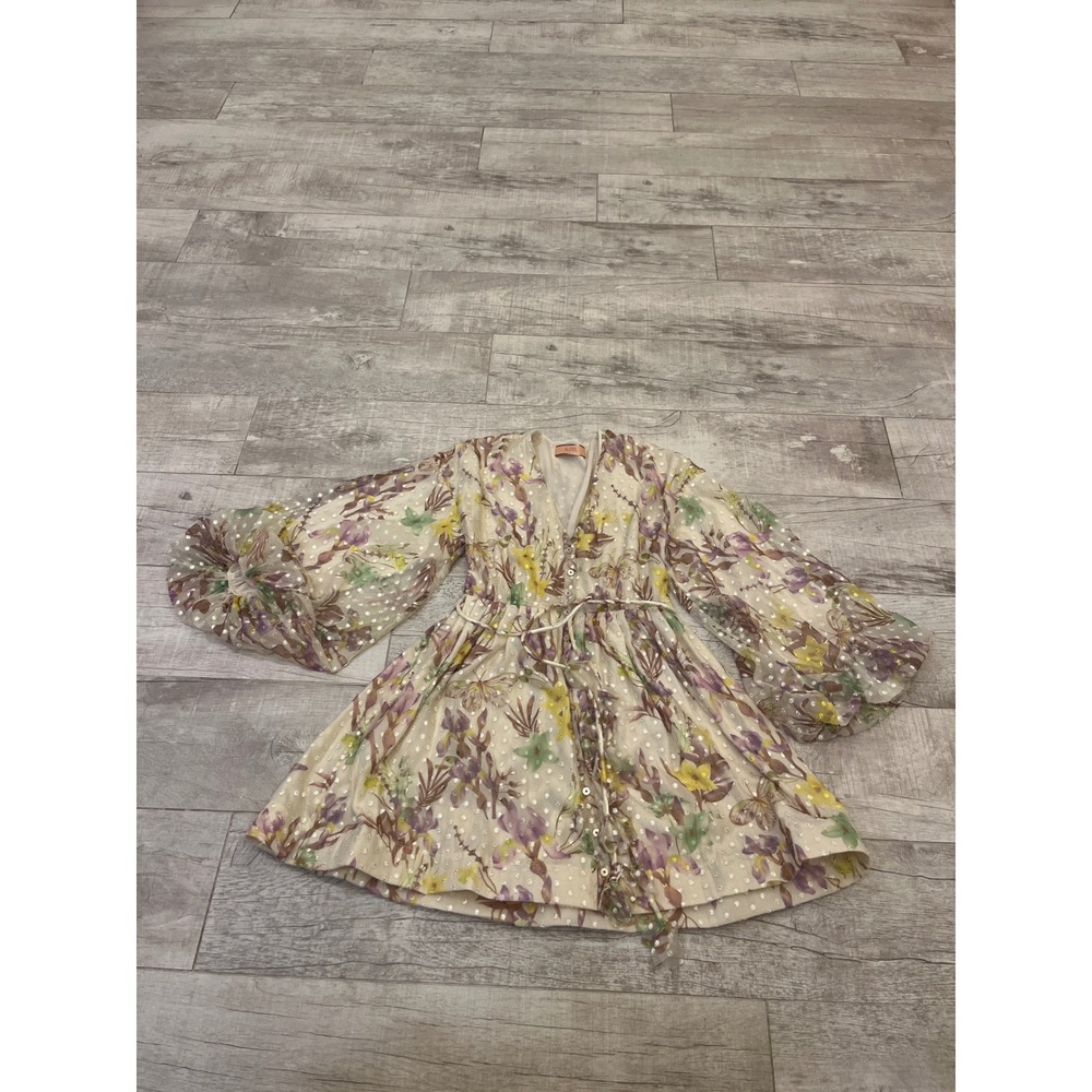 Alexis Floral Print Mini Dress Balloon Sleeve Button Front Tie‎ Waist Sheer - Picture 4 of 11